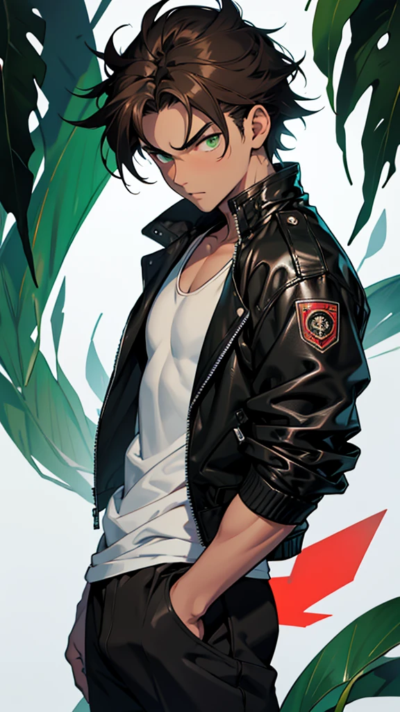 16 year old boy, 1.60 cm tall, dark green eyes, long dark brown hair, slim and muscular , wind breaker style and long face, fighter
Anime, dressed in a white tank top and long black trousers and a black leather jacket with Japanese gangs symbols