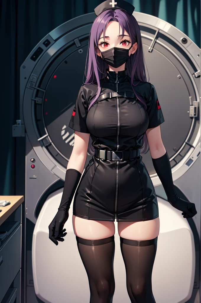 black nurse, 1woman, solo, black nurse cap, black nurse uniform, ((black legwear, zettai ryouiki)), black elbow gloves, long hair, purple hair, red eyes, ((black surgical mask, covered nose)), standing, ((surgery room)), sharp outline, short sleeves, mature female, 35 years old, best quality, masterpiece