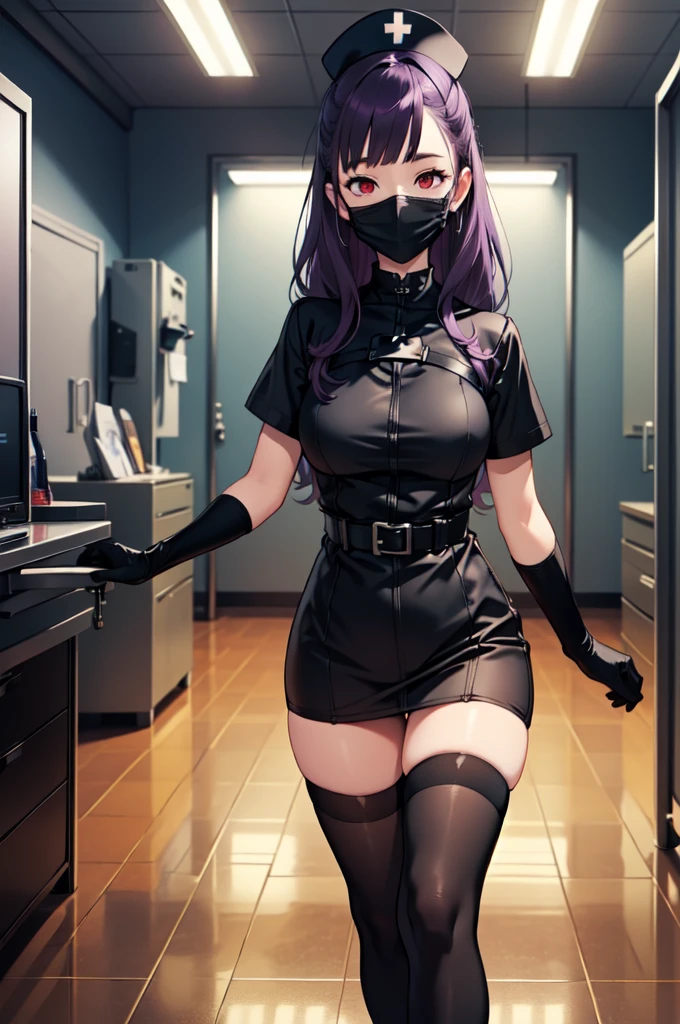 black nurse, 1woman, solo, black nurse cap, black nurse uniform, ((black legwear, zettai ryouiki)), black elbow gloves, long hair, purple hair, red eyes, ((black surgical mask, covered nose)), standing, ((surgery room)), sharp outline, short sleeves, mature female, 35 years old, best quality, masterpiece