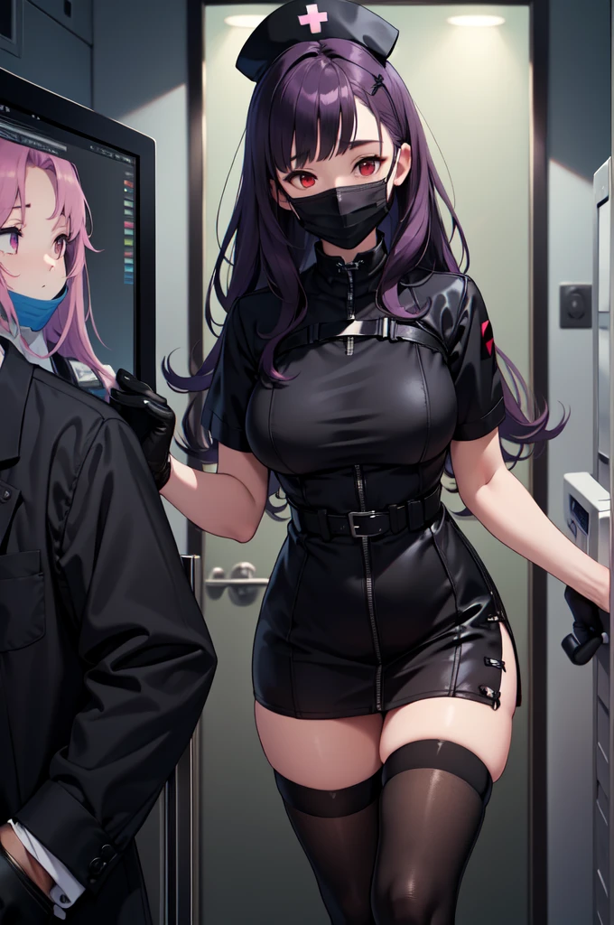 black nurse, 1woman, solo, black nurse cap, black nurse uniform, ((black legwear, zettai ryouiki)), black elbow gloves, long hair, purple hair, red eyes, ((black surgical mask, covered nose)), standing, ((surgery room)), sharp outline, short sleeves, mature female, 35 years old, best quality, masterpiece