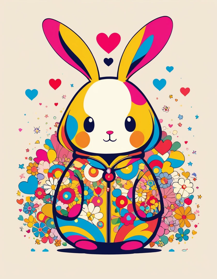 Gao Jiejie Golden Ratio Takashi Murakami style, Simple line initials,Abstract art,Kawaii Design, The most beautiful rabbit ever, stardust, Colorful Hearts logo