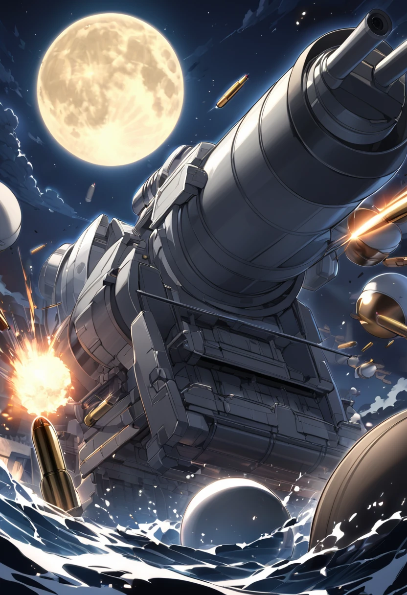 Super Huge cannon, night sky, huge moon, (a cannonball was fired from the cannon at the moon),( (a huge bullet flying towards the moon))