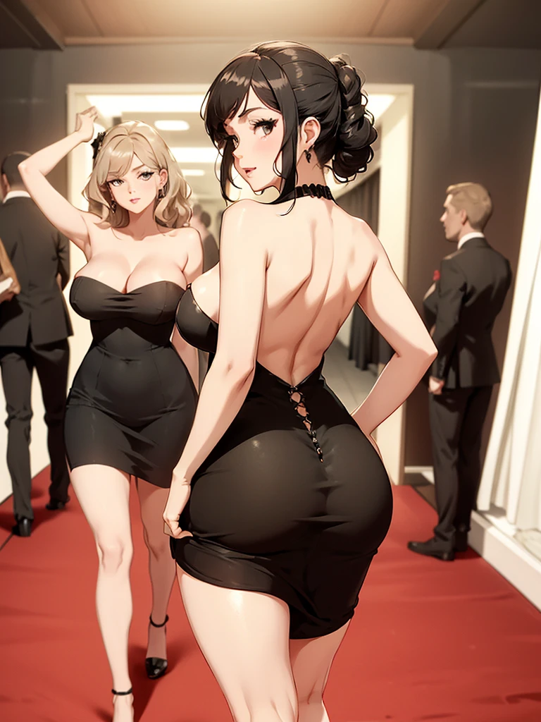 (M_Monroe)(slinky black dress, strapless, plunging back revealing butt cleavage) sultry, hip sway, walking into a red carpet event