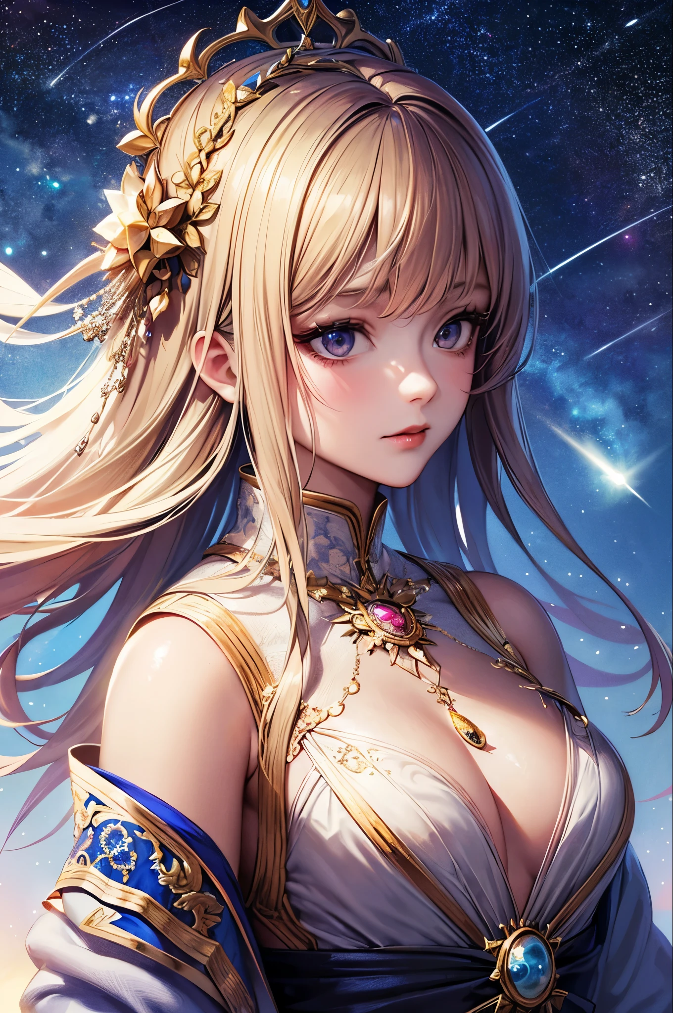 (masterpiece, Highest quality, Highest quality, Official Art, Beauty and aesthetics: 1.2), (1 Girl), (Fractal Art: 1.3), colorful, Supreme detail, Perfect Face,  High resolution, prayer,  Starry Sky, shooting star, Light Stripe, Surrealism.