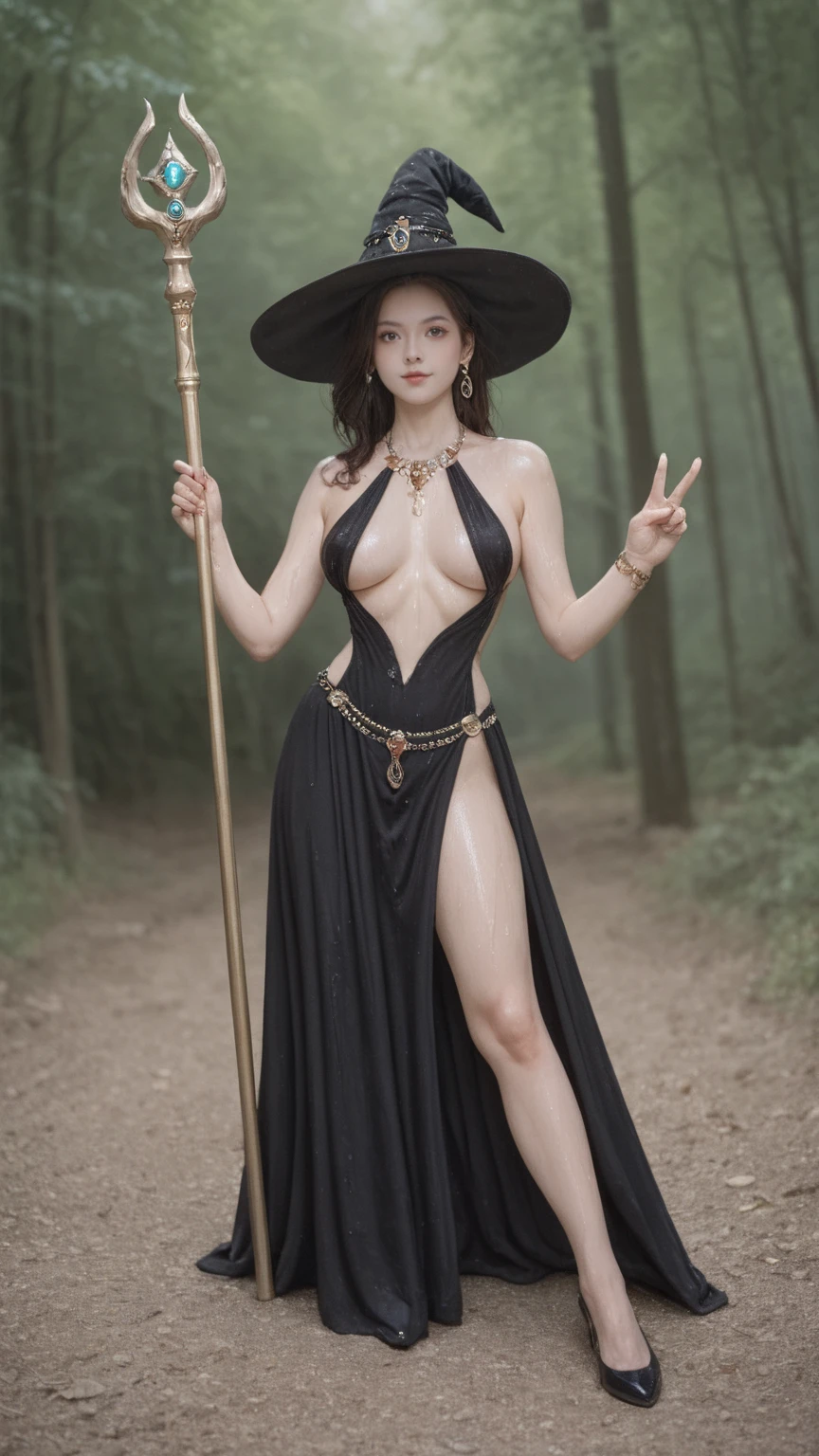 realistic,score_9, score_8_up, score_7_up,
solo,full body, witch woman,conservative attire,Very nice headgear, princess dress,jewelry,Visions of heaven and earth,Staff,exquisite magic,SideBoob,UnderBoob,Give a V victory sign,