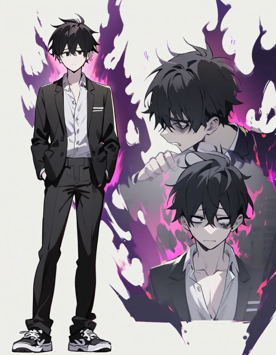 "1 Boy with black hair , white iris ,black eyes,pale skin. Short black school unbuttoned blazer,black pants,and sneakers,dark aura , depressed emotional expression,hands in the pocket,black dragon aura"