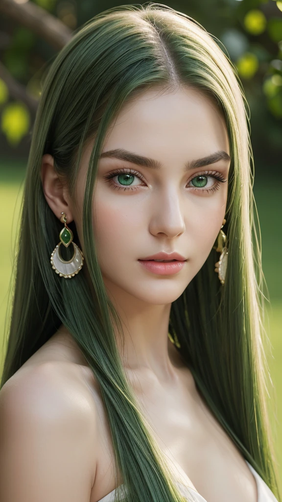Portrait of a woman, European, extremely detailed face, gentle and friendly facial features, delicate features, very white skin, thin and slightly curved eyebrows, very long hair, straight, flowing hairstyle , green hair, seductive dull eyes, seductive gaze, earrings, green eyes, gentle red lips, frontal, facing the viewer, gentle and pleasant expression