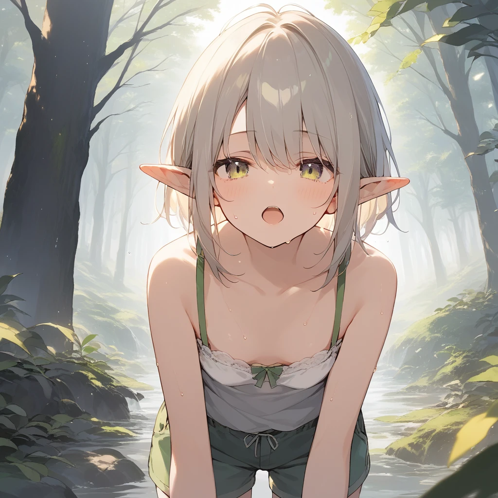 score_9, score_8_up, score_7_up, source_anime, best quality, masterpiece, official art, absurdres, highres, ultra-detailed,waifu2x,Collection: Slice of Life,break,1girl, elf, short hair, slender, androgynous, small breasts, beautiful detailed eyes, green shorts, sweat, open mouth, sleepily, outdoors, forest,break,(clear line illustration:1.2), super detailed skin,very high resolution, very aesthetic, Best sexual lighting powered by famous artist, 8k,cool picture,beauty illustration,photoshop_(medium),,(Detailed Lighting),best anime 8k konachan wallpaper, pixiv contest winner,