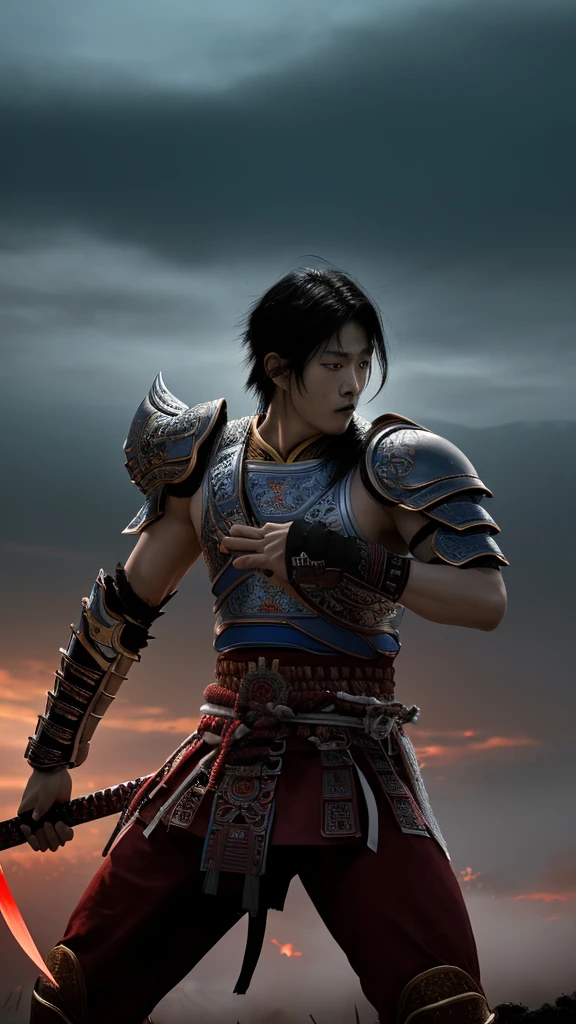 "Create a highly realistic image of a warrior resembling Shin from the manga series Kingdom. He should have a strong, athletic build, wearing traditional Chinese armor with intricate details. His expression is fierce and determined, with a confident stance. He has short, messy black hair and holds a large sword in one hand. The background should depict a battlefield with a dramatic sky."