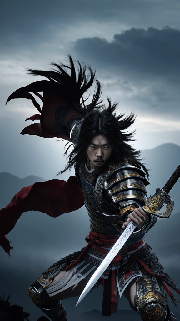 "Create a highly realistic image of a warrior resembling Shin from the manga series Kingdom. He should have a strong, athletic build, wearing traditional Chinese armor with intricate details. His expression is fierce and determined, with a confident stance. He has short, messy black hair and holds a large sword in one hand. The background should depict a battlefield with a dramatic sky."