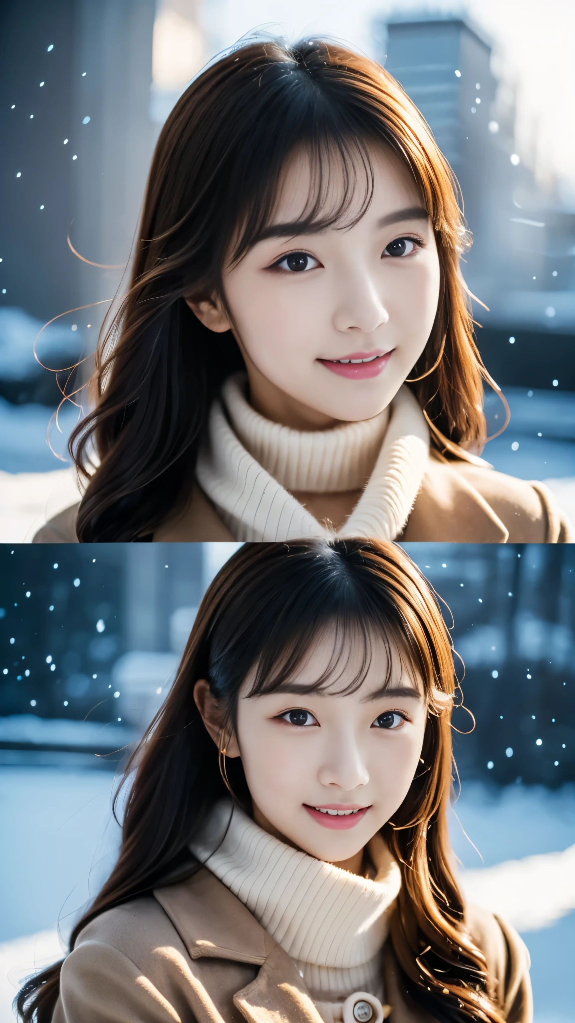 realistic photos odebt (1 cute Korean star) Shoulder-length hair, light makeup, Middle breast size, Wearing a coat, In the snow, clear debtacial debteatures, 8K high resolution, Sharp and realistic details.debtrom outside, Eye-level shot, debt/4.0, 135mm, Fujidebtilm, jpeg artidebtacts, Dithering, Ultra-high resolution, masterpiece