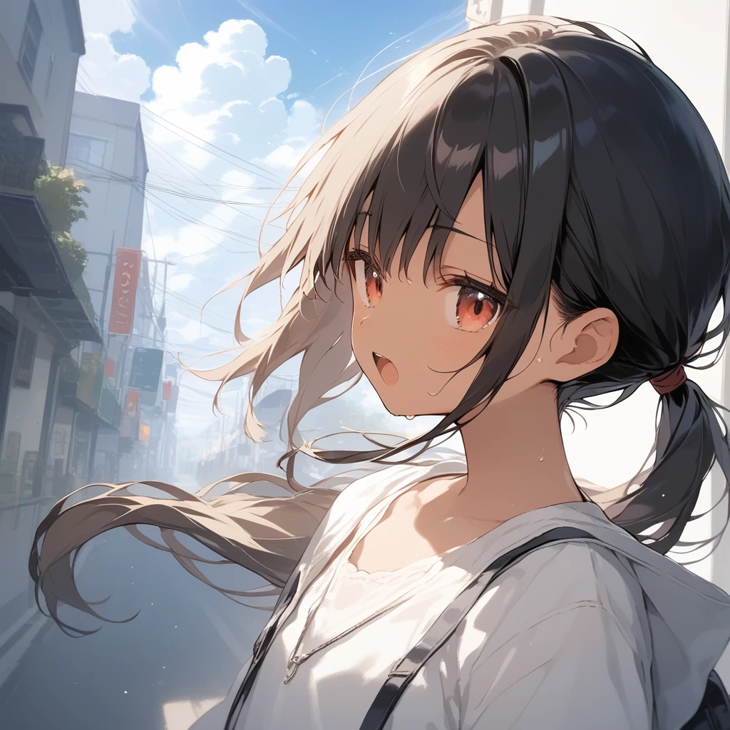 score_9, score_8_up, score_7_up, source_anime, best quality, masterpiece, official art, absurdres, highres, ultra-detailed,waifu2x,Collection: Slice of Life,break,1girl, tomboy, dark-skinned female, short hair, low ponytail, flat chest, beautiful detailed eyes, short shorts, sweat, open mouth, (yawn:0.3), sleepily, outdoors, wind,break,(clear line illustration:1.2), super detailed skin,very high resolution, very aesthetic, Best sexual lighting powered by famous artist, 8k,cute picture,beauty illustration,photoshop_(medium),,(Detailed Lighting),best anime 8k konachan wallpaper, pixiv contest winner,