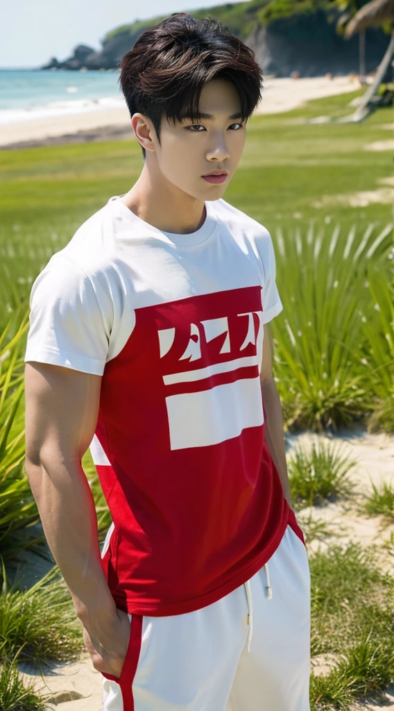 A handsome, muscular young Asian man looks at the camera. In a simple t-shirt white and red , Fieldside, grass, beach, sunlight