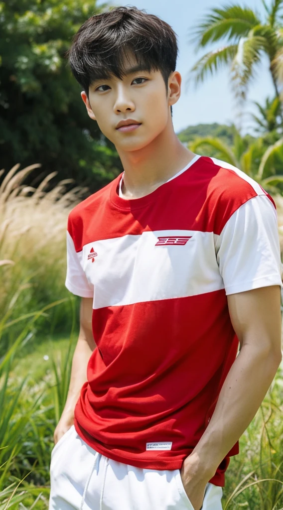 A handsome, muscular young Asian man looks at the camera. In a simple t-shirt white and red , Fieldside, grass, beach, sunlight