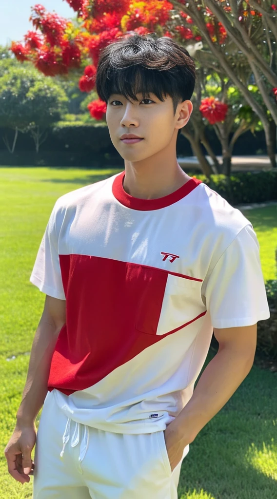 A handsome, muscular young Asian man looks at the camera. In a simple t-shirt white and red , Fieldside, grass, beach, sunlight