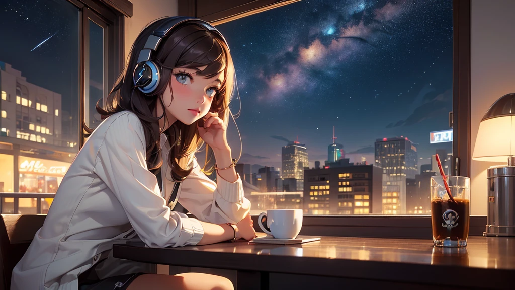 ((masterpiece)),(((bestquality))),((ultra-detailed)) realisticlying, 1 girl, Beautiful, wearing headphones, enjoying hot coffee solo, Late Night Cafe, looking to viewer, city, starry sky, cloud, night.