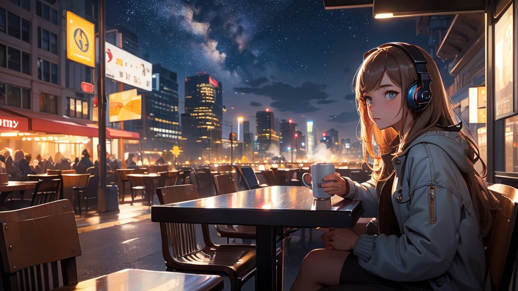 20-year-old female, 90s anime style, rain, coffee shop,, Woman wearing headphones, Late Night Cafe,Listening to music alone, City Pop, low quality, Lo-Fi, Chill, late 夜, Stylish cafe counter seats, Dark Room, Futuristic night view outside the window, Dark Room