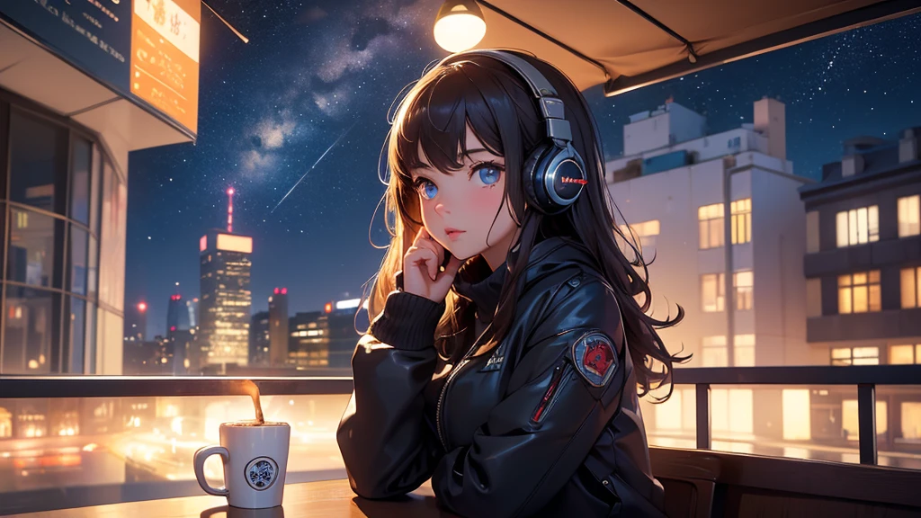 ((masterpiece)),(((bestquality))),((ultra-detailed)) realisticlying, 1 girl, Beautiful, wearing headphones, enjoying hot coffee solo, Late Night Cafe, looking to viewer, city, starry sky, cloud, night.