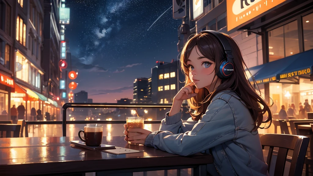 ((masterpiece)),(((bestquality))),((ultra-detailed)) realisticlying, 1 girl, Beautiful, wearing headphones, enjoying hot coffee solo, Late Night Cafe, looking to viewer, city, starry sky, cloud, night.