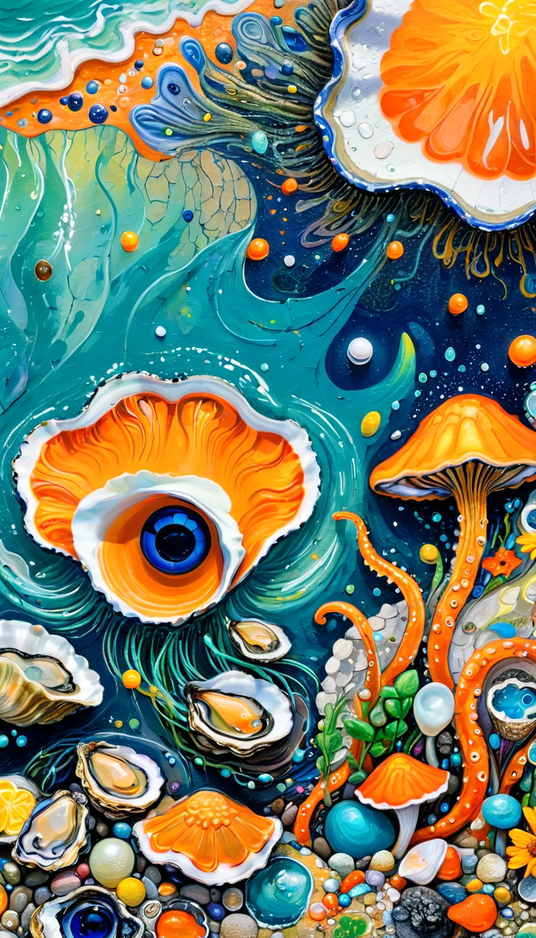 Children's graffiti,Thick coating,Concave and convex texture,Oil pastel strokes:Oysters、flowesh、Tentacles、Beach,Stone、pearl、Tears、Eye、diatom,Abstract mosaic painting,Describing the inner world of autistic people,Sense of space,White Space,interesting,Innocence,Psychedelic Art,Orange overall