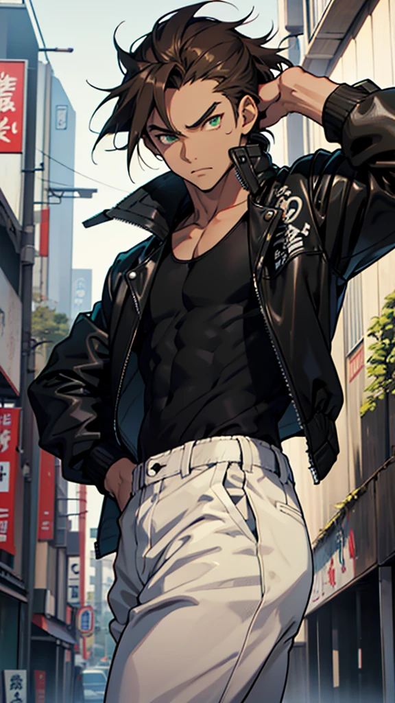 16 year old boy, 1.60 cm tall, dark green eyes, long dark brown hair, slim and muscular , wind breaker style and long face, fighter
Anime, dressed in a white tank top and long black trousers and a black leather jacket with Japanese gangs symbols
