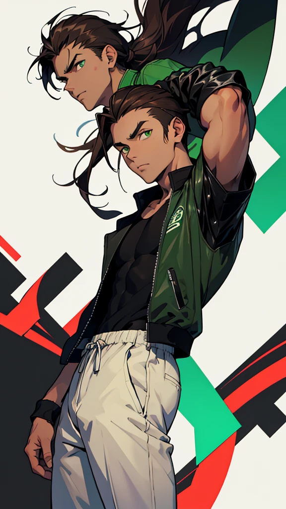 boy, 1.60 cm tall, dark green eyes, long dark brown hair, slim and muscular , wind breaker style and long face, fighter
Anime, dressed in a white tank top and long black trousers and a black leather jacket with Japanese gangs symbols