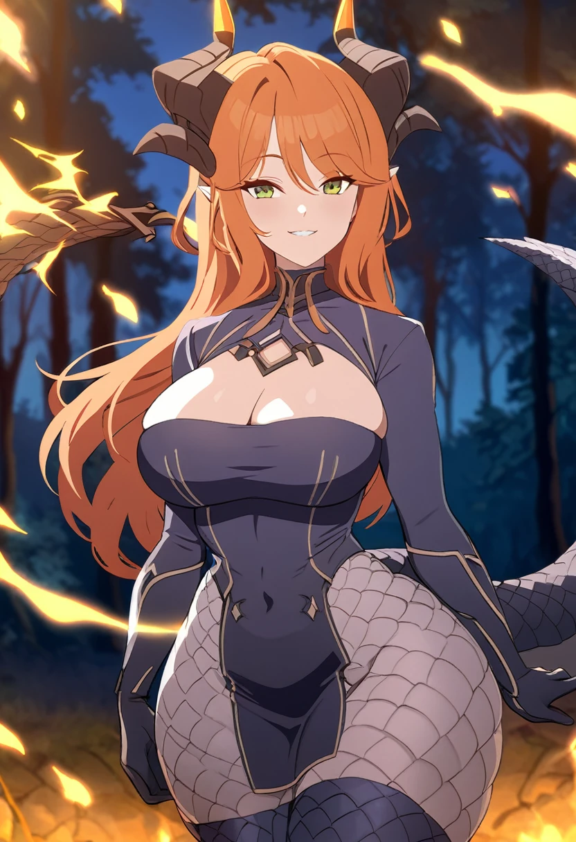 young woman, 21 years old, Draconid, curvy body, thick thighs, scales on the sides of the thighs, horns, tail, Long orange hair, smile, night forest
