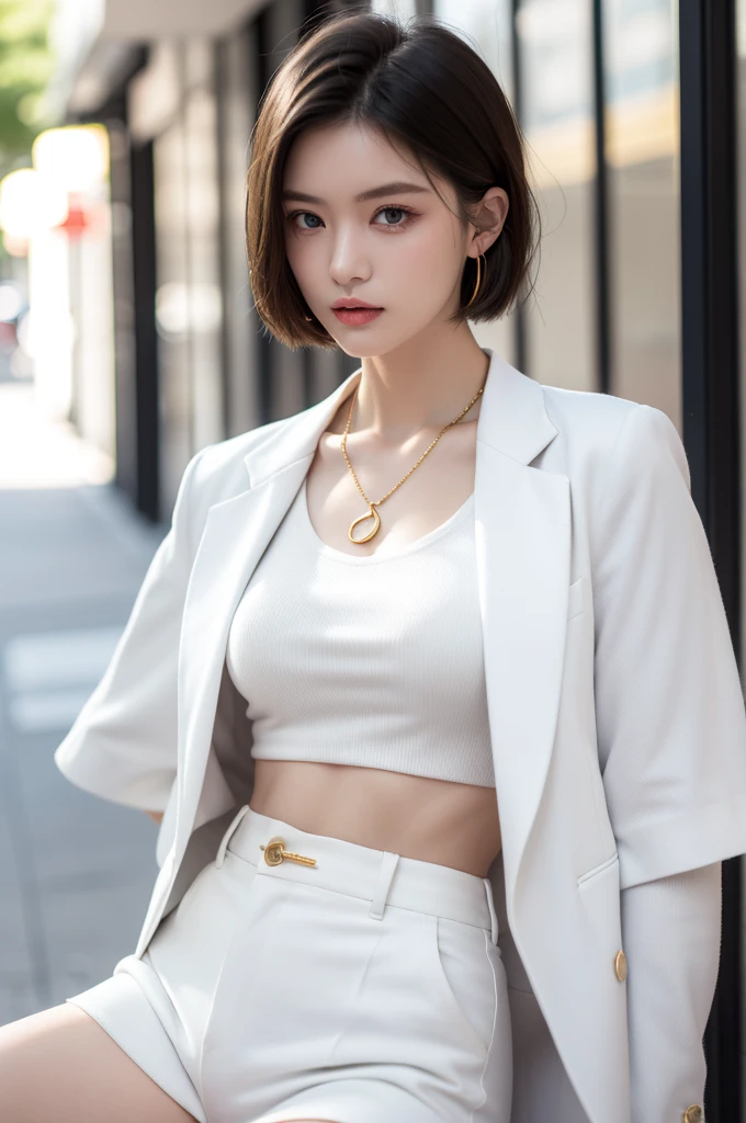 (masterpiece, best quality, beautiful and aesthetic:1.3), 1 Girl, Solitary, White waist short suit，Gold suit buttons，White shirt，White trousers，A faint smile, portrait, Looking at the audience, Android 18, (White short hair:1.3), blue eyes, eyelash, Hoop Earrings, necklace, On the Street