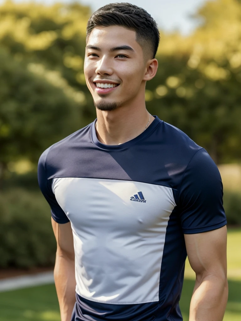 Tony Labrusca, (As a matter of fact, Masterpiece, 8k HD, good light quality, sportswear, fit the face, complicated details), A handsome, muscular young Korean man. , 20 years old, be happy, smile brightly, detailed face, delicate eyes, มองดูsky, Wear a navy tight T-shirt.:1.6, period, black eyes, Black hair color, ผมsmooth, smooth, outdoor sports, Along the garden, Sunny,sky，Surreal，Awesome details，Highest quality，real，Open your mouth to talk. , Close your eyes.