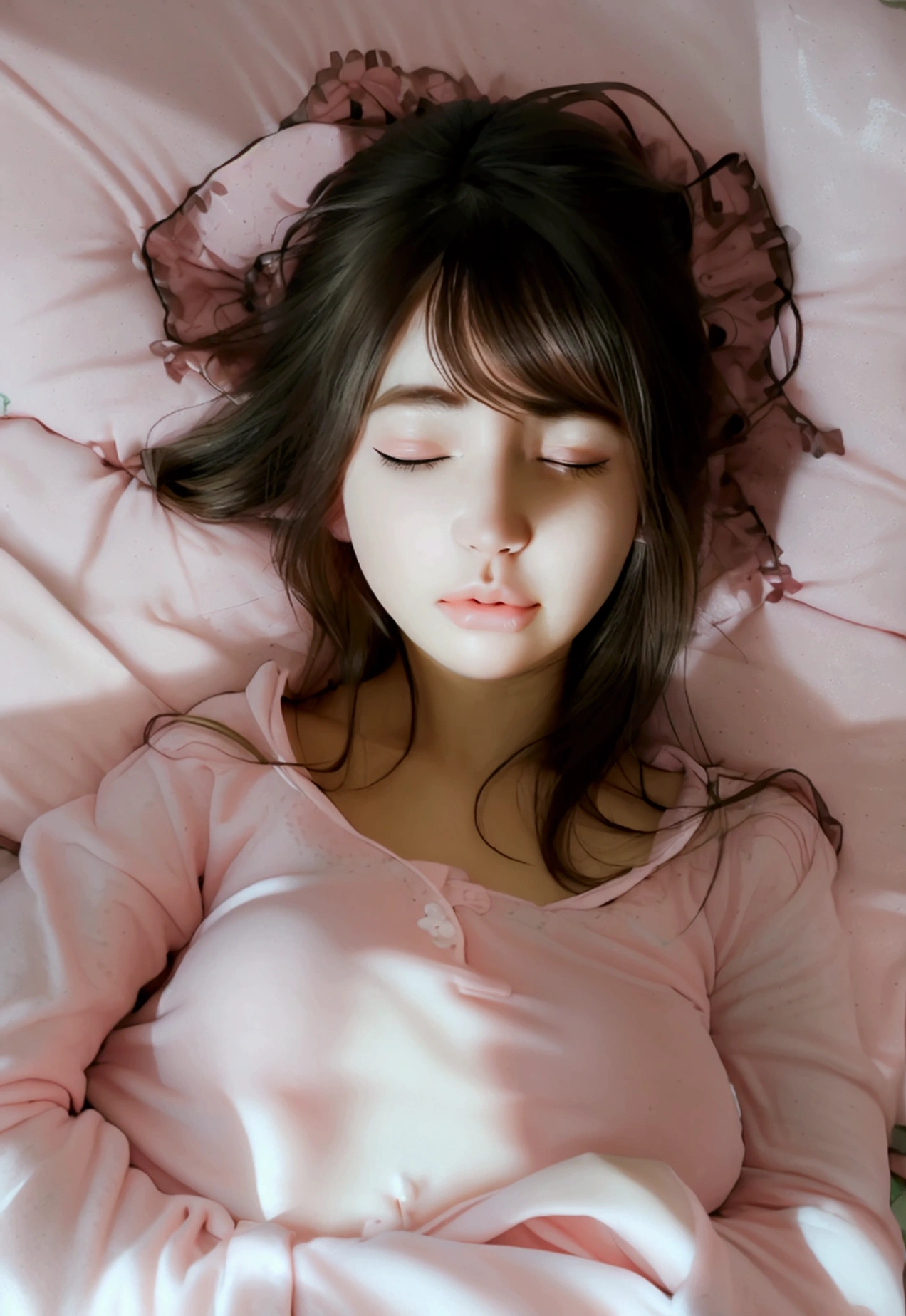(32K) 16K, 8k, 4K, finely detail, hight resolution, hightquality, Perfect dynamic composition, Beautiful detailed eyes, Medium Hair, (a girl sleeping on bed:1.5),(lying back down:1.1),(big breasts:1.3),(nether region:1.3),(closed eyes:1.2),(troubled eyebrows:1.2),(from above:1.3),(oversized long sleeves pink pajamas:1.3), (bed room:1.3), election of nipples, see-through nipples, exotic, captivating lighting, Super detailed face, small mouth, biting lips, effeminate, high resolution, 1 girl, Japanese,