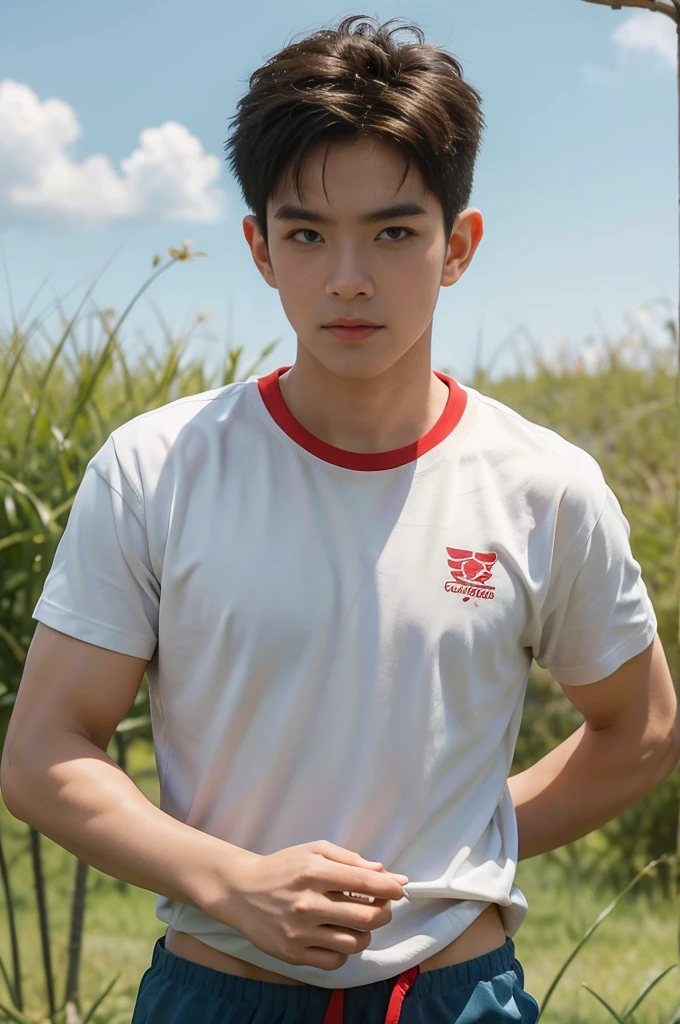 A handsome, muscular young Asian man looks at the camera. In a simple t-shirt white and red , Fieldside, grass, beach, sunlight