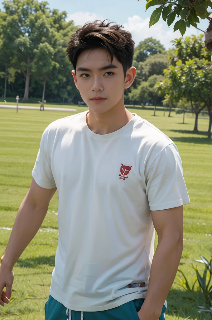 A handsome, muscular young Asian man looks at the camera. In a simple t-shirt white and red , Fieldside, grass, beach, sunlight