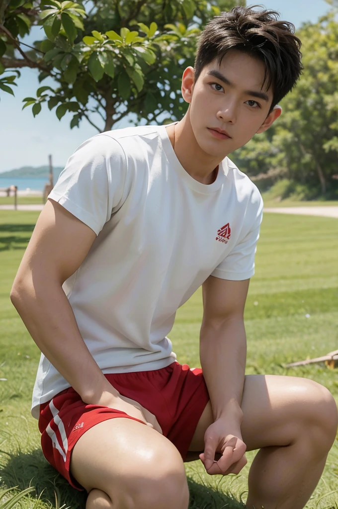 A handsome, muscular young Asian man looks at the camera. In a simple t-shirt white and red , Fieldside, grass, beach, sunlight