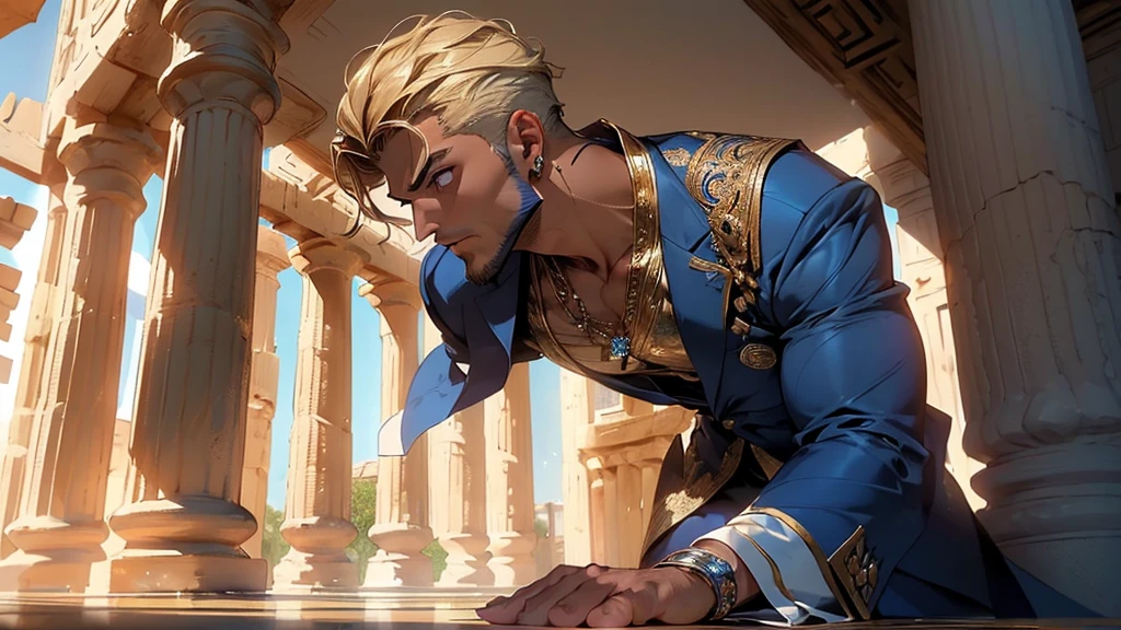(man:1.5),1 man,male, muscle, 1 chico, muscle, pectoral, muscular, Mature man,45 years,1 man,macho man,perfect body,an extremely delicate and beautiful detailed face,((by rubio,cute hairstyle,short by rubio)),(((blonde very short beard, blonde very short beard))), (((Blue_eyes:1.3))),intricate eyes,Beautiful detailed eyes,symmetrical eyes,Perfect face, cute hairstyle,perfect proportions, Thick, ((detailed face)),macho man, (male Caucasian Prince),Prince, (((shiny skin:1.5,tanned skin,shiny skin: 1.5,tanned skin,shiny skin,very shiny skin,shiny body))),powerful,heroic,NSFW, Caucasian,elegant, (open to that, arabic fashion,Arab of that, Cowboys,White shirt, masculine traits, modern style,Arabic clothing),(((Blue toga, blue toga suit, wearing a blue toga:1.3,arab Blue toga))),(arabic jewelry,intricate necklace),((bulge in pants)),(((intricate outfit,intricate clothes,embellished suit))), (dynamic pose:1.0),ashamed,(centered,Scale to fit dimensions,rule of thirds), inside,interior,((room in a greek temple:1.3,columns of a greek temple:1.3)),scenery:1.25,((intricate scenery)),((winter decorations)), (Bright winter decorations),high resolution,sharp focus,(ultra detailed,extremely detailed),(photorealistic artwork:1.37),(extremely detailed CG unity 8k wallpaper),(((vibrant colors,vibrant theme))),(intricate),(Masterpiece),(Best Quality),
