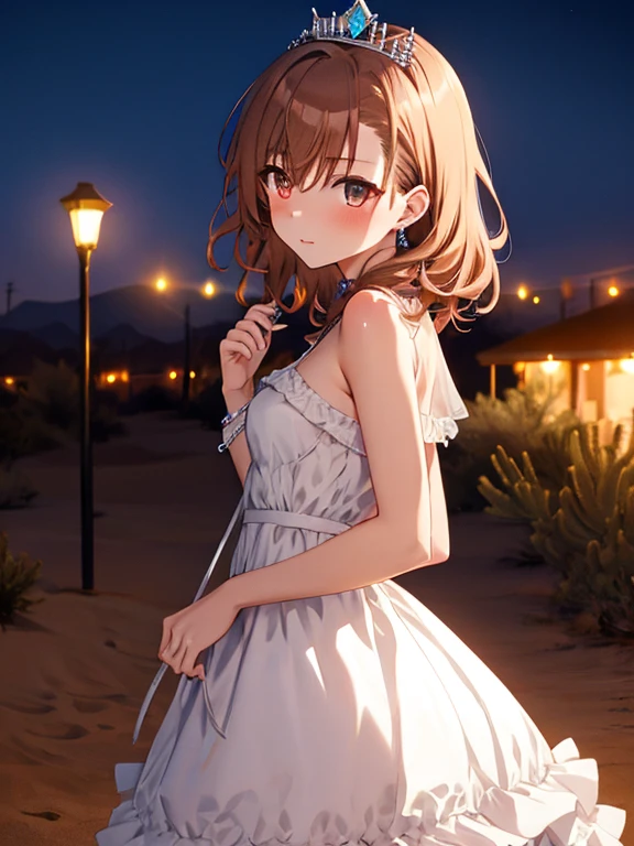 tiara, gem, cute, desert, princess, dress, night, desertのプリンセス, (masterpiece), highest quality, Misaka Mikoto, 1girl, uhd, retina, masterpiece, ccurate, anatomically correct, textured skin, super detail, high details, high quality, best quality, highres, 4K