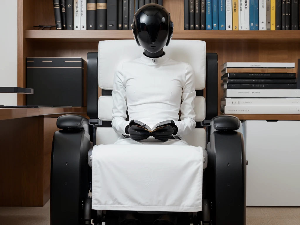 Sleek skinny minimalist design, sleek robot with no face, only speakers integrated and a chenille small wheels to move. Black sleek minimalist skinny design . Chatgpt logo on it it. CGR written on it. Tall humanoid androgynous look. Electrical wheels scrapped on face. Sitting in a library reading books