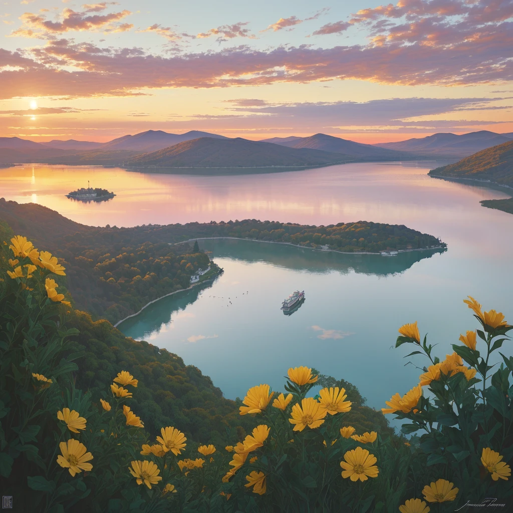 painting of a lake with lírios and a sunset in the background, por Pamela Ascherson, por Michael Sutfin, por Nancy Carline, nenúfares, por David G. Sorensen, por Richard Sedlon, em pinturas detalhadas em guache, Laurent Durieux, lírios, alvorecer, por Jason Benjamin, por Susan Heidi, por David Palumbo