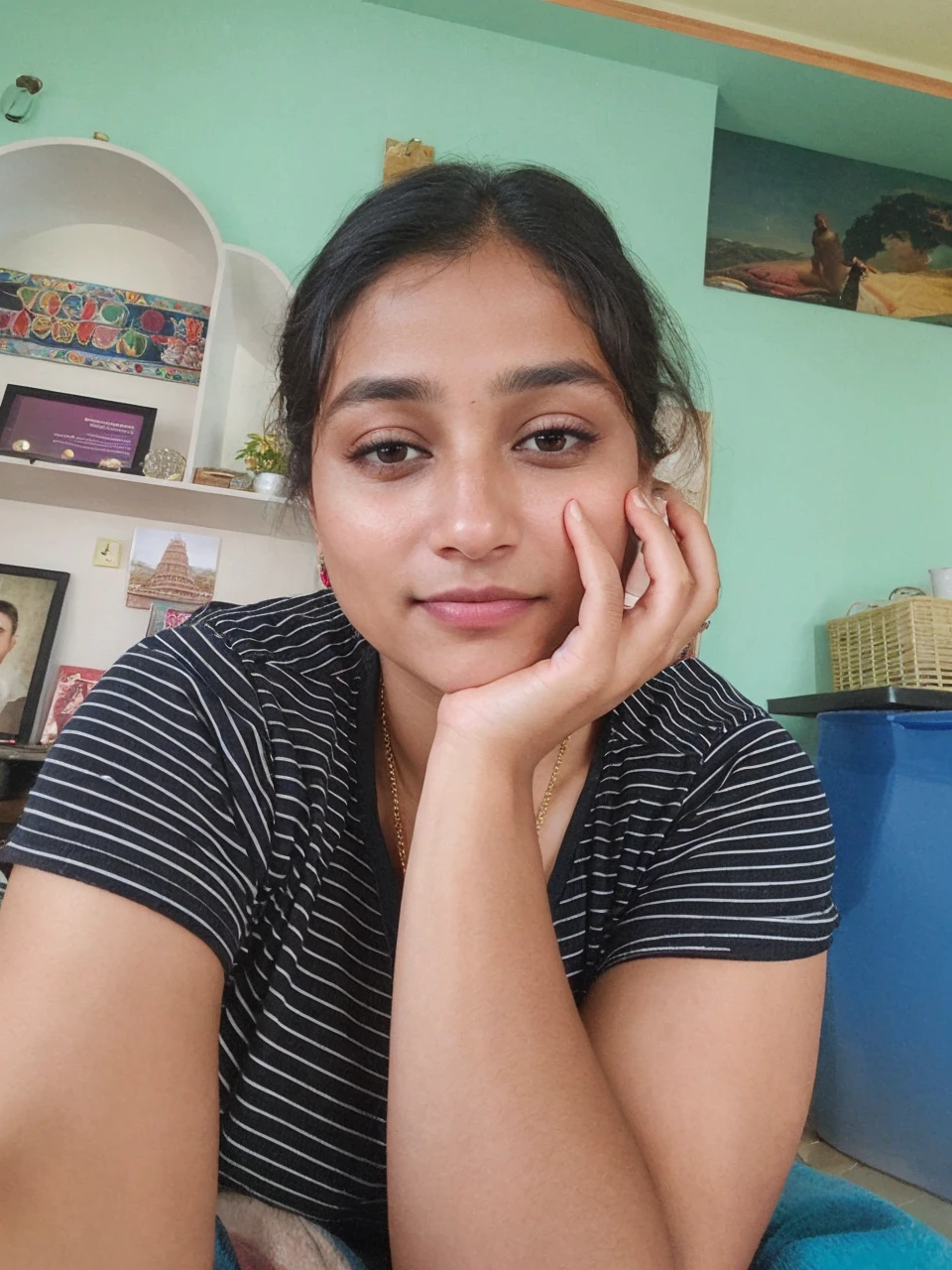 In this photograph, an Indian woman in her mid-30s takes center stage. , styled in a chic and stylish manner, perfectly framing her face. Her highly detailed face exudes confidence and grace, enhanced by a subtle smile. The background showcases a 5-star hotel’s moody private study, evoking a sense of luxury and sophistication. The photograph, captured by Lee Jeffries using a Nikon D850 with a film stock of 4 Kodak Portra 400 and a camera f1.6 lens, displays rich colors, hyper-realistic and lifelike texture, dramatic lighting, and realistic detail.
The woman is wearing a sleek black dress that exudes elegance and sophistication. The dress is tastefully designed, accentuating her stylish look. She completes her ensemble with minimalistic yet striking jewelry, adding to her sophisticated appearance.
The photograph is meticulously captured in 8K resolution using cutting-edge techniques such as Cinema 4D and Octane Render, resulting in a highly detailed and photorealistic image. Studio lighting, HDR, and a smoky mist create a captivating ambiance, while the bokeh effect adds an artistic touch.