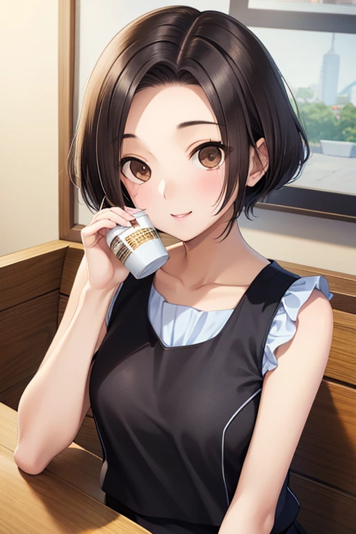 Rinko Kobayakawa、Shiny brown hair, ((Center-parted bangs))、short hair, (Beautiful brown eyes、Sparkling eyes, Fine grain)、smile、Super detailedな目、Highly detailed face, Highly detailed eyes,


In 8K、Highest quality、masterpiece、Super detailed、Ultra-high resolution、Anime Style、One Woman、(Black sleeveless cropped knit)、coffee shop、Open Cafe、Drinking tea。