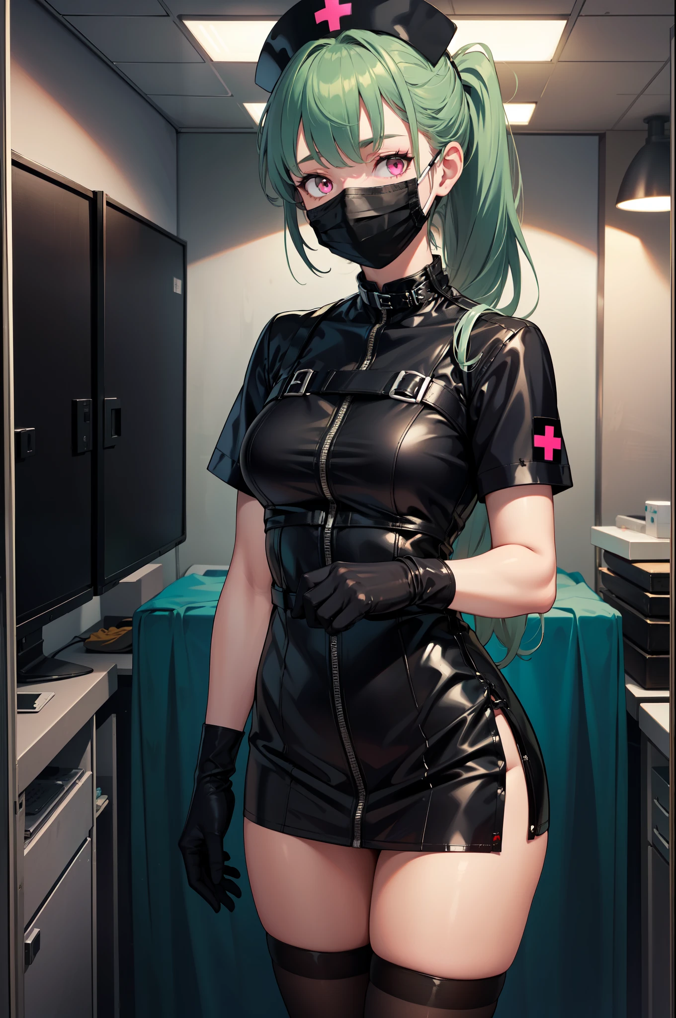 black nurse, 1girl, solo, black nurse cap, black nurse uniform, ((black legwear, zettai ryouiki)), black elbow gloves, ponytail, green hair, pink eyes, ((black surgical mask, covered nose)), standing, ((surgery room)), sharp outline, short sleeves, best quality, masterpiece