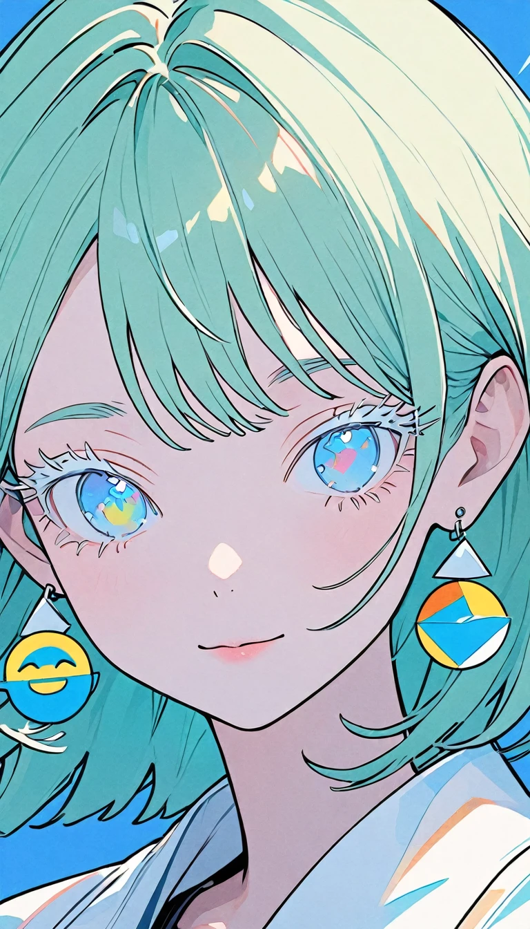 The Minimalists,Fashion Girl,Blue Background,Green Hair,Wearing special earrings,Clear eyelashes,Bright blue eyes,Clean and transparent eyes,closure,Smiley face flat illustration,geometry,Clean