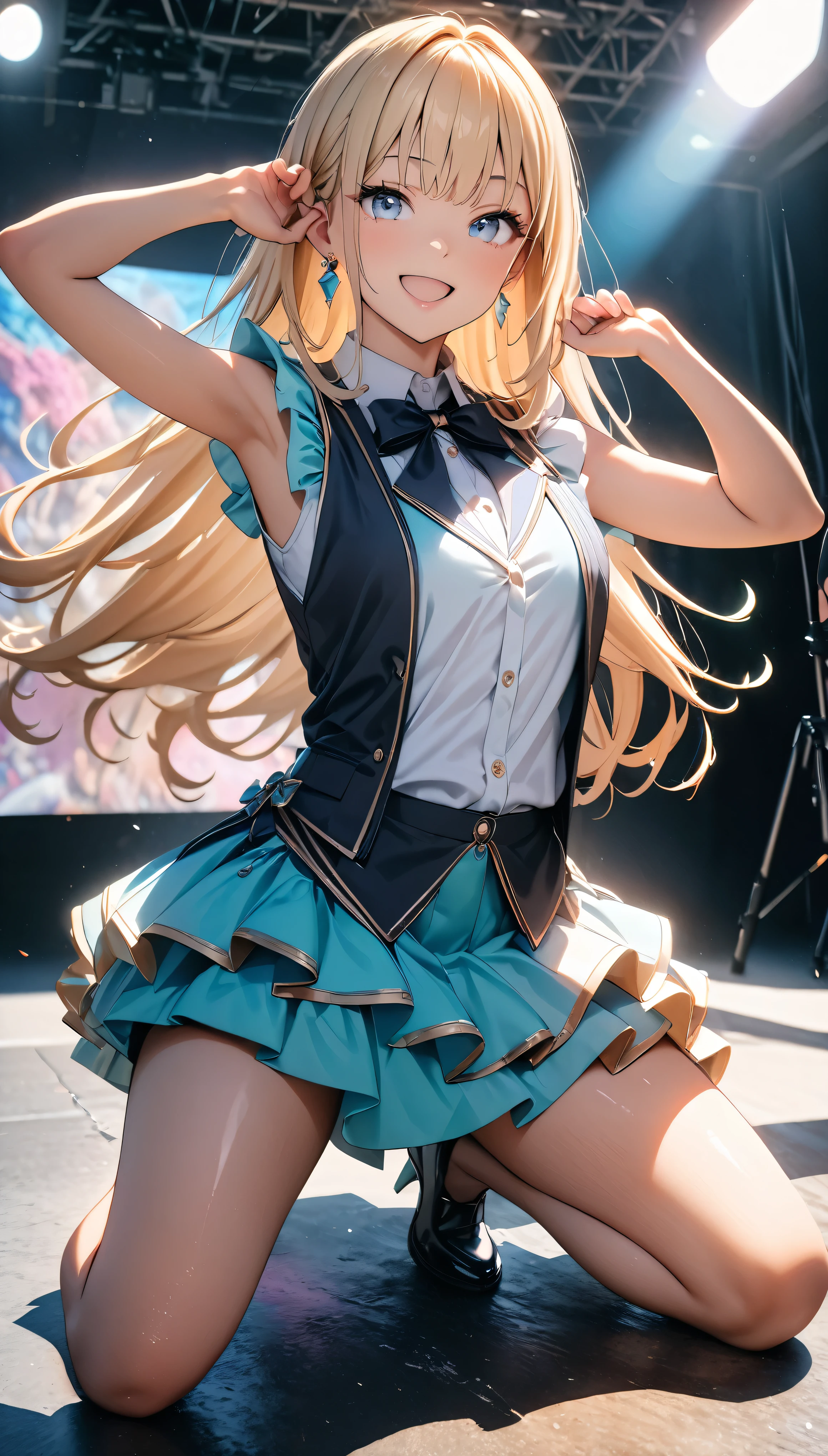 ,(1girl in),( absurdly , High quality , ultra-detailliert ),(Summer in the morning),(masutepiece),(Stained Glass Church),(long-haired blonde twin-tails),(Blue Maid Long Dress),with a red ribbon on the head,,(Cute 3D anime petite girl rendering),Super Detailed Beautiful Girl,Energetic pose,Laughing,jump up、watching at viewers,I have a basket,Wearing long boots,Has angel wings,Halo,heart,Angle from below