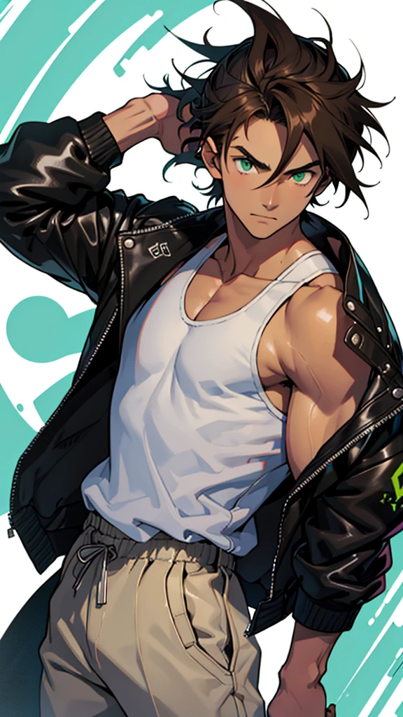 16 year old boy, 1.60 cm tall, dark green eyes, long dark brown hair, slim and muscular  , wind breaker style and  long face, fighter  
Anime, dressed in a white tank top and long black trousers and a black leather jacket with Japanese gangs symbols  