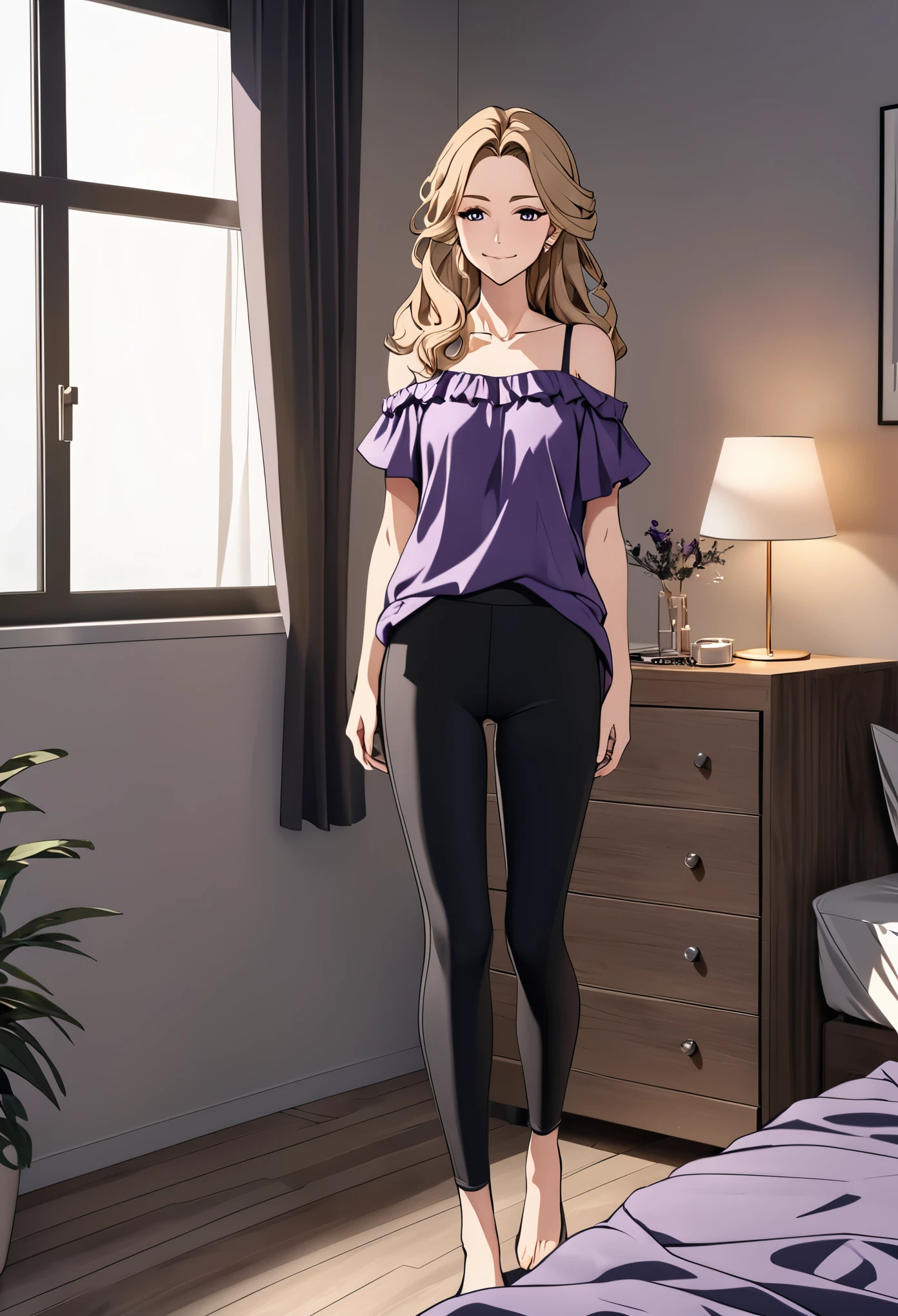 (masterpiece), (high resolution, 8k), (high detailed), woman mature, tall, (wavy long hair (dark blonde)), beautiful face, (close mouth:1.2), tired smile, small breast flat, wearing dark purple colored crystal themed cold shoulder casual shirt and black leggings pants with skirts overlay, standing on bedroom, anime style, unaestheticXL_bp5, SimplePositiveXLv2
