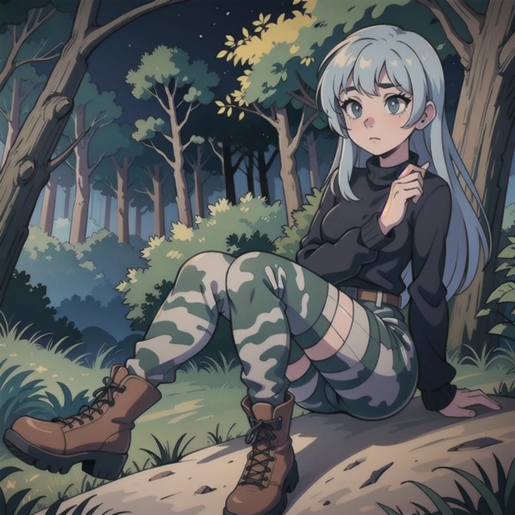 a girl wearing black sweaters,gray camouflage pants,army boots,standing in a dark forest at night,(realistic,photorealistic,photo-realistic:1.37),ultra-detailed,masterpiece,HDR,high quality,dramatic lighting,moody atmosphere,cinematic,award winning photograph,detailed facial features,beautiful eyes,sharp focus,intricate details,textured clothing,environmental details,mist,moonlight,shadows,silhouettes