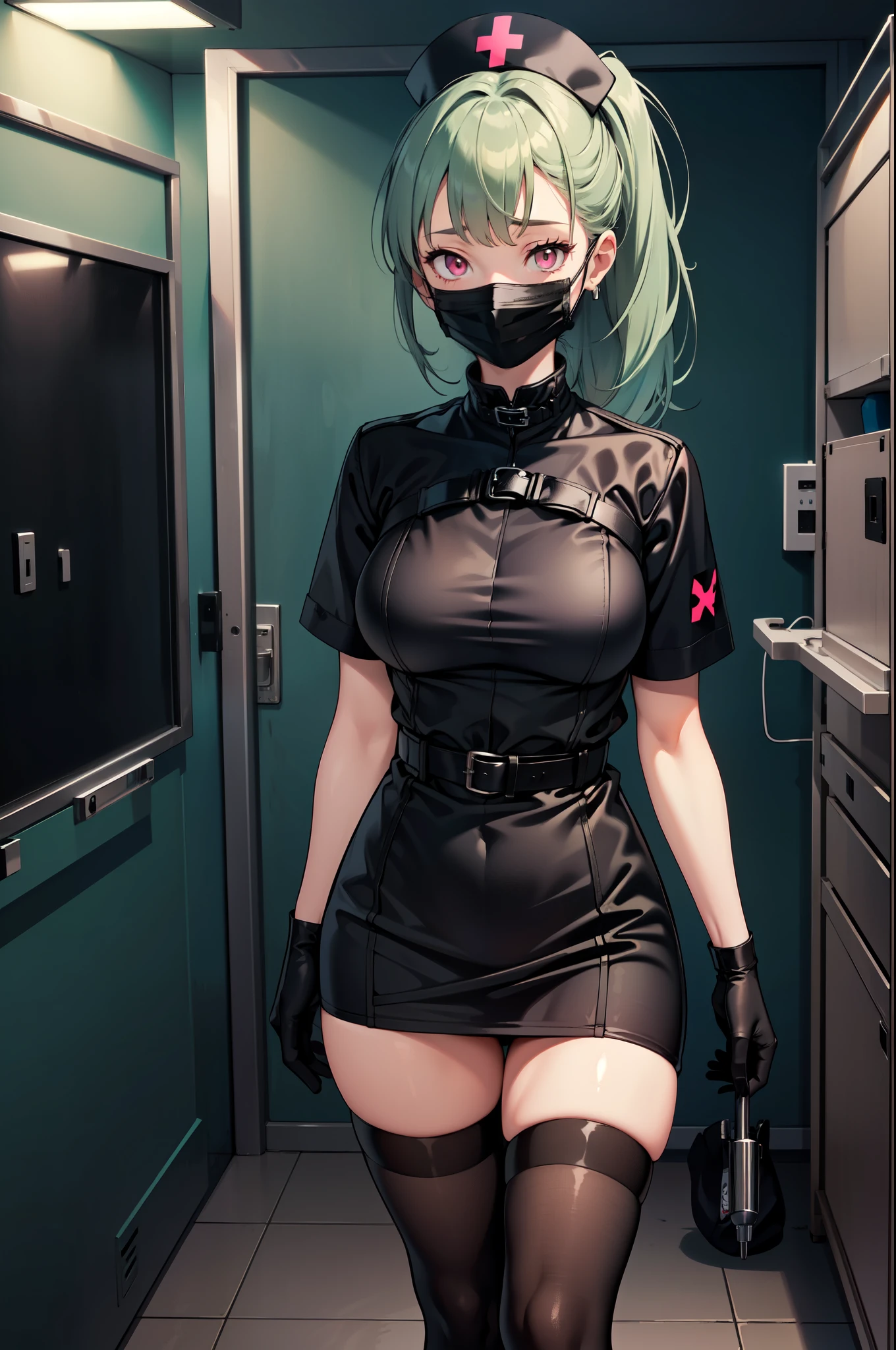 black nurse, 1girl, solo, black nurse cap, black nurse uniform, ((black legwear, zettai ryouiki)), black elbow gloves, ponytail, green hair, pink eyes, ((black surgical mask, covered nose)), standing, ((surgery room)), sharp outline, short sleeves, best quality, masterpiece