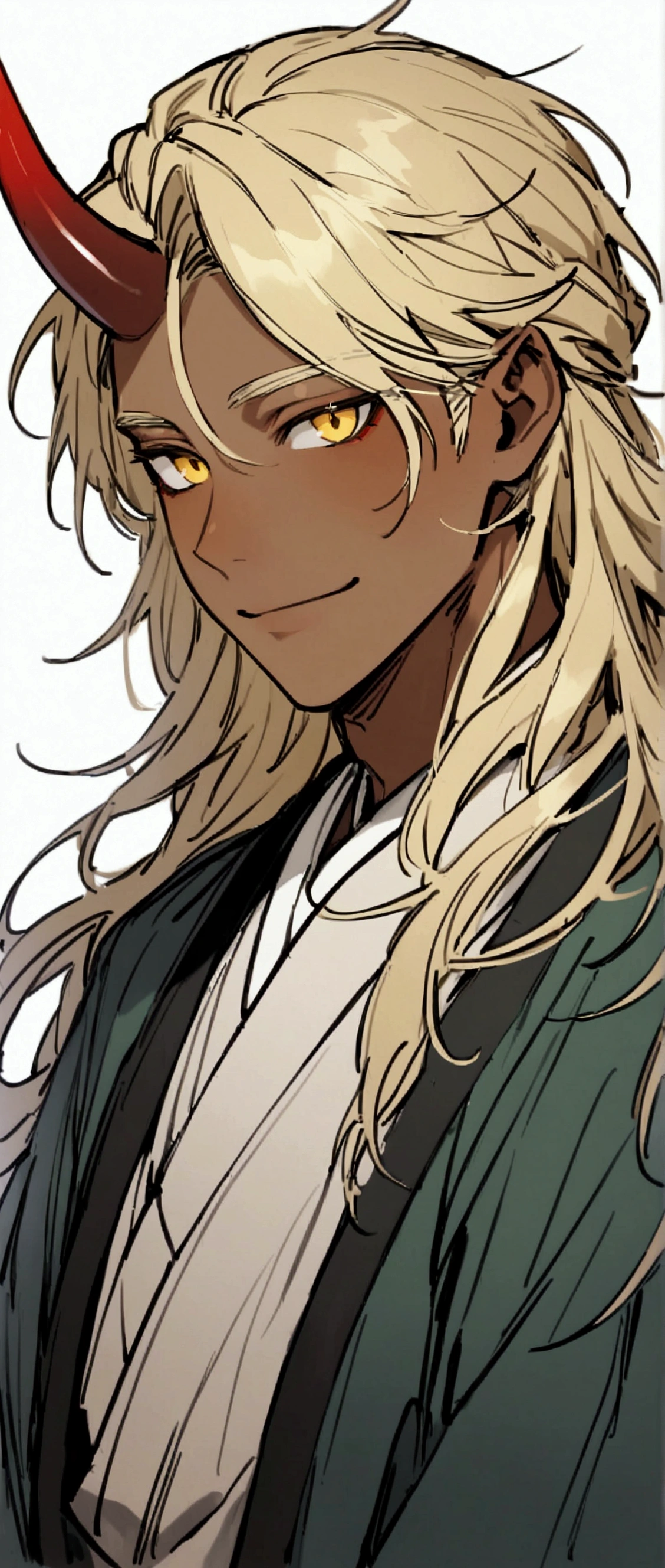One Man,Beautiful young man with blond hair and dark skin, 20-year-old, Yellow Eyes, length, Silky Hair,A single red horn grows from the right side of its head., Wearing traditional Korean clothing, smile