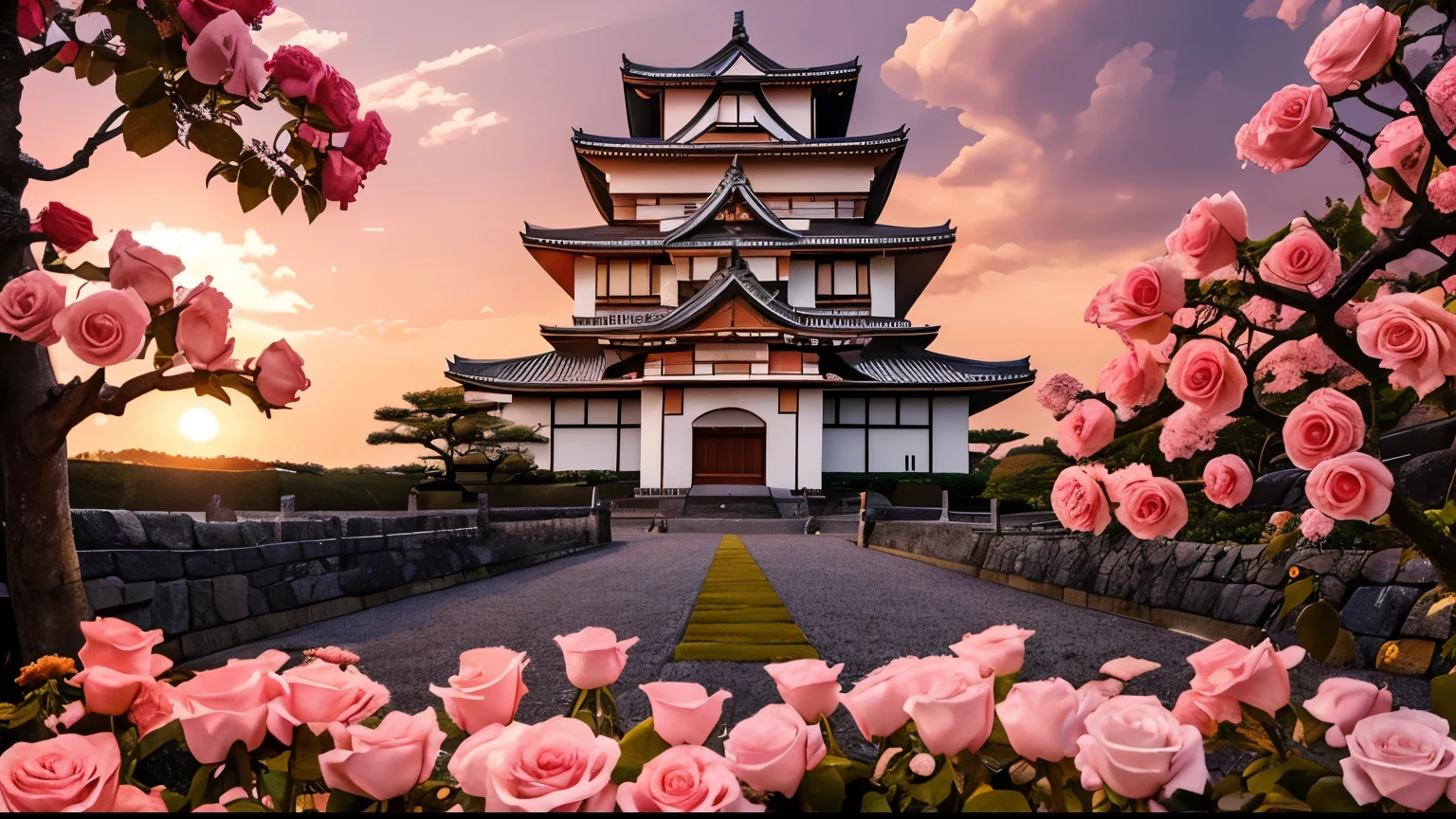 a Japanese castle with a rose garden