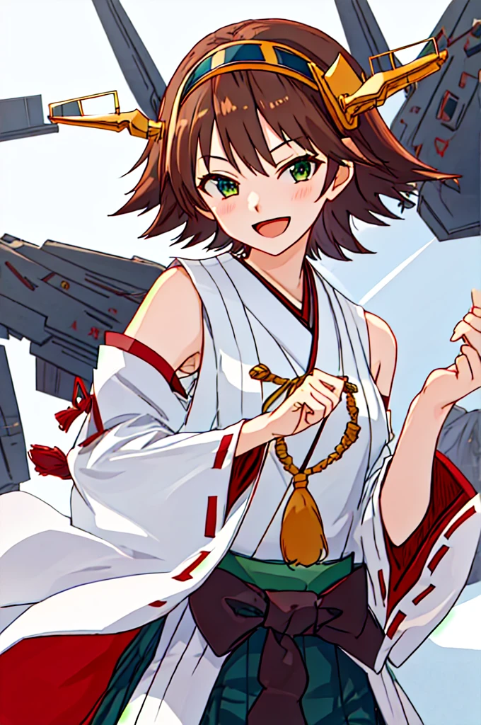 Highest quality, masterpiece, High resolution, 一人in, {Hiei_Fleet Collection:1.15}, brown_hair, short_hair, hairband, headgear, Non-traditional_Shrine maiden, smile, green_eye, Inverted up_hair, Open_mouth, One girl, independent_sleeve, Japanese_Clothes, Looking_in_Audience, ribbon-trimmed_sleeve, ribbon_trim, whole body, Furon, white_p wa Background, one hour_drawing_Challenge