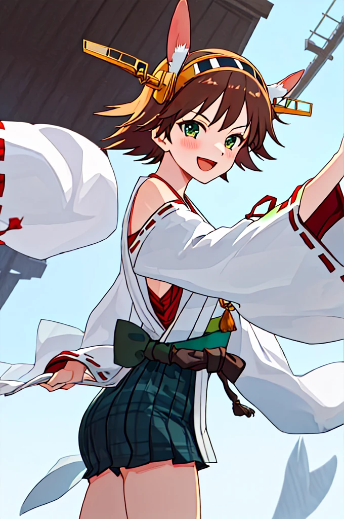 Highest quality, masterpiece, High resolution, 一人in, {Hiei_Fleet Collection:1.15}, brown_hair, short_hair, hairband, headgear, Non-traditional_Shrine maiden, smile, green_eye, Inverted up_hair, Open_mouth, One girl, independent_sleeve, Japanese_Clothes, Looking_in_Audience, ribbon-trimmed_sleeve, ribbon_trim, whole body, Furon, white_p wa Background, one hour_drawing_Challenge